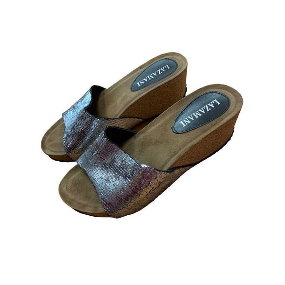 Lazamani Women's Silver Glitter Slip-On Platform Wedge Sandal Size 38 - Picture 4 of 8